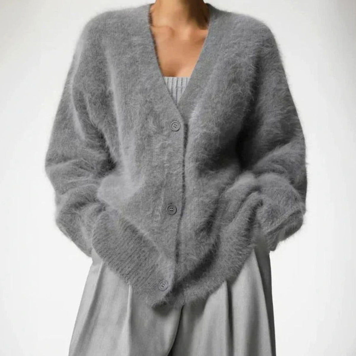 Women's Fluffy V-Neck Button-Front Oversized Cardigan Jumper