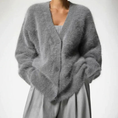 Women's Fluffy V-Neck Button-Front Oversized Cardigan Jumper