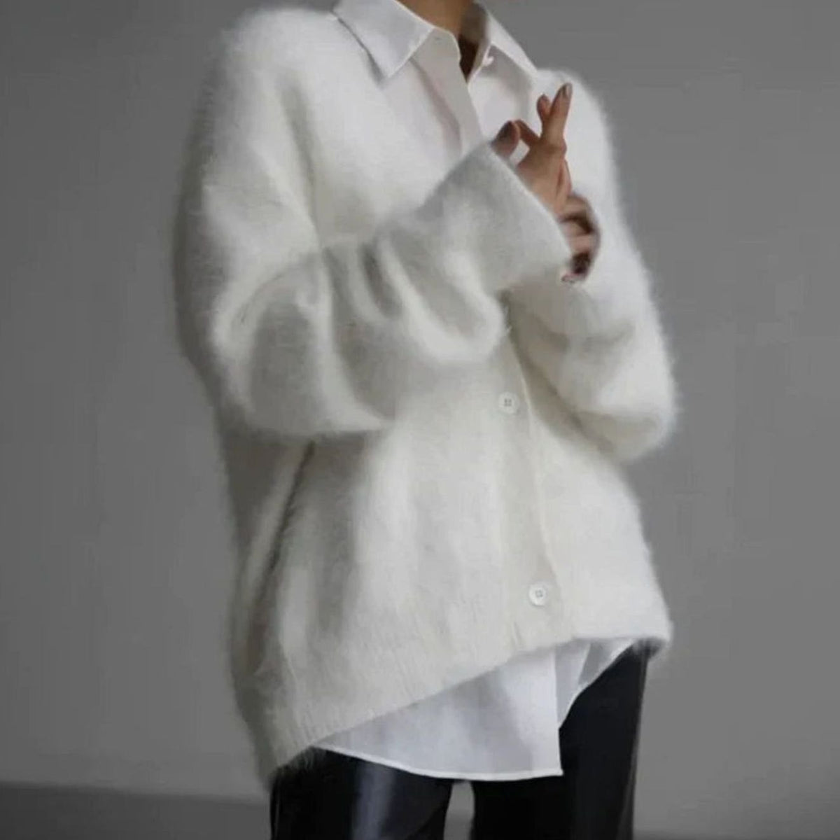 Women's Fluffy V-Neck Button-Front Oversized Cardigan Jumper