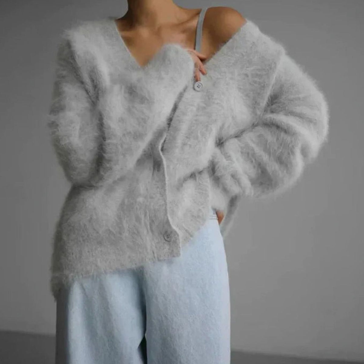 Women's Fluffy V-Neck Button-Front Oversized Cardigan Jumper