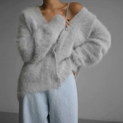 Women's Fluffy V-Neck Button-Front Oversized Cardigan Jumper