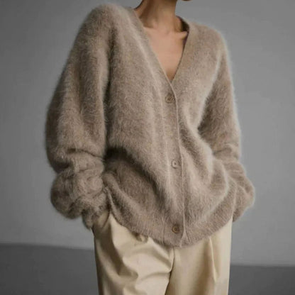 Women's Fluffy V-Neck Button-Front Oversized Cardigan Jumper