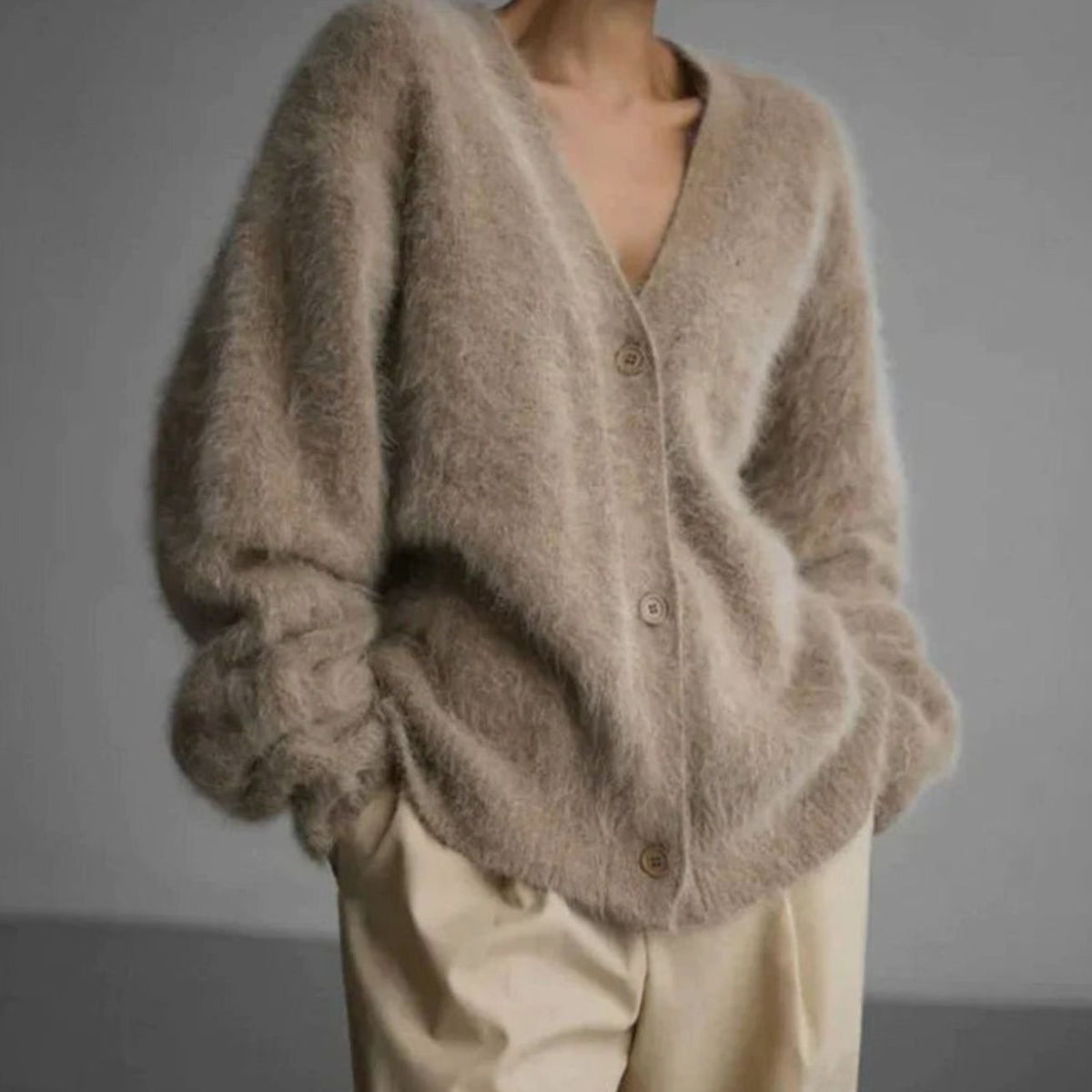 Women's Fluffy V-Neck Button-Front Oversized Cardigan Jumper