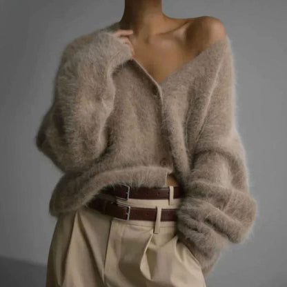 Women's Fluffy V-Neck Button-Front Oversized Cardigan Jumper