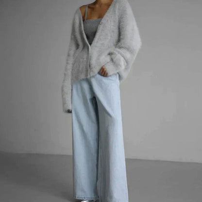 Women's Fluffy V-Neck Button-Front Oversized Cardigan Jumper