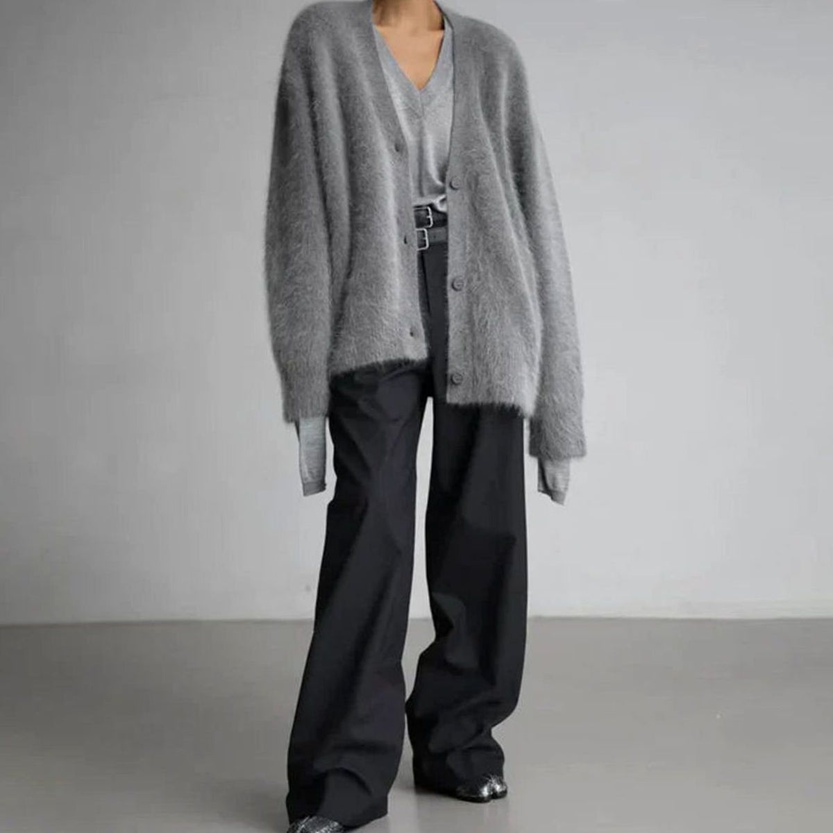 Women's Fluffy V-Neck Button-Front Oversized Cardigan Jumper