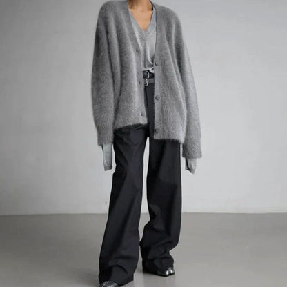 Women's Fluffy V-Neck Button-Front Oversized Cardigan Jumper