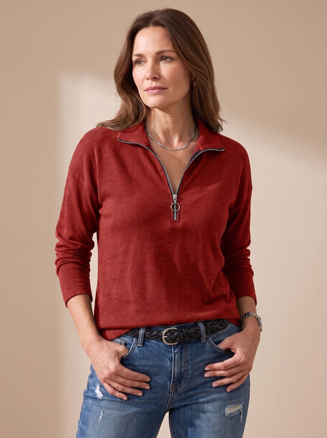 Women's Half-Zip Collared Knit Pullover Sweater