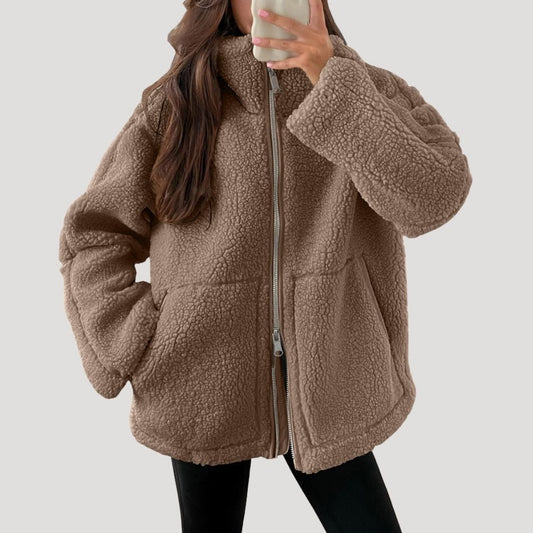 Women's High-Neck Zip-Up Teddy Jacket with Front Pockets