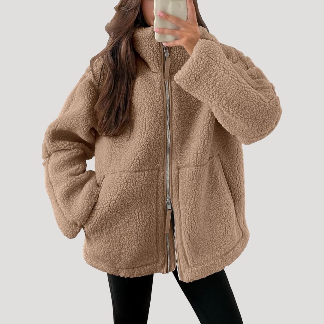 Women's High-Neck Zip-Up Teddy Jacket with Front Pockets