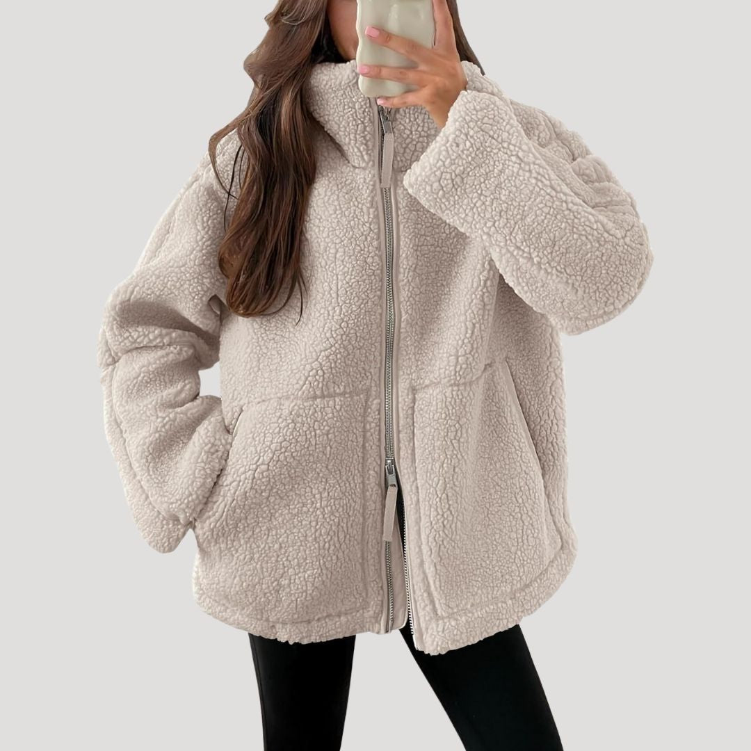 Women's High-Neck Zip-Up Teddy Jacket with Front Pockets