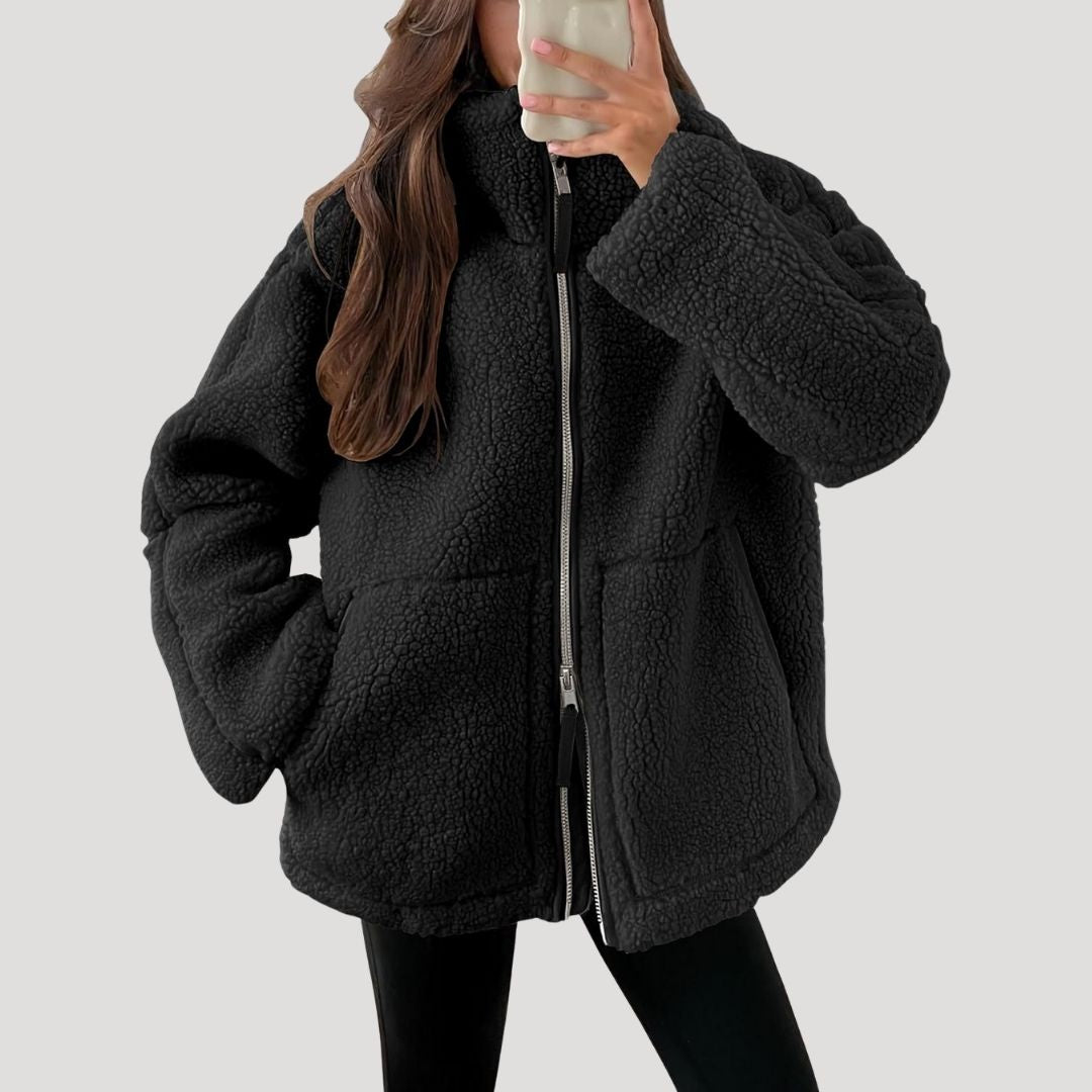 Women's High-Neck Zip-Up Teddy Jacket with Front Pockets