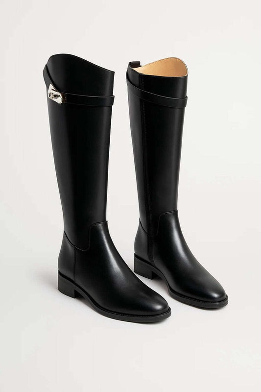 Women's Knee-High Leather-Look Buckle Strap Riding Boots