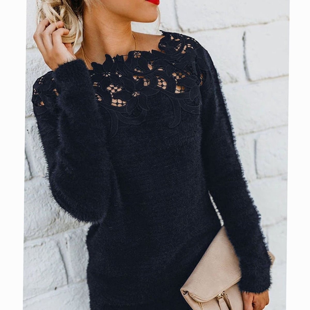 Women's Lace-Trim Floral Embroidered Long Sleeve Knit Sweater