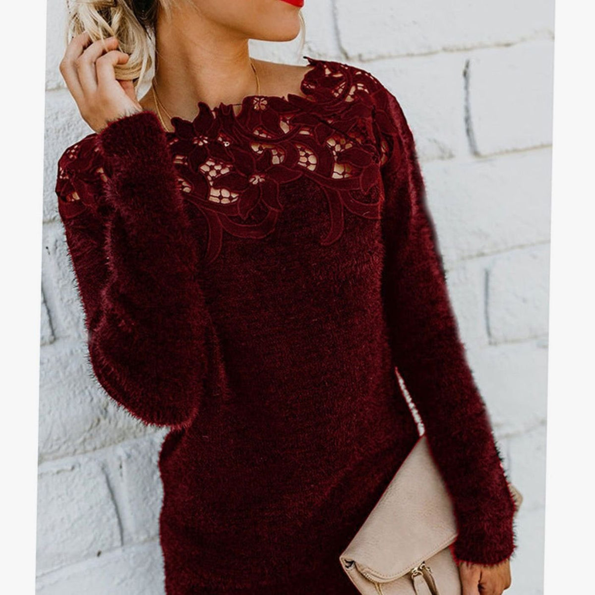 Women's Lace-Trim Floral Embroidered Long Sleeve Knit Sweater