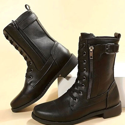 Women's Lace-Up Side-Zip Faux Leather Combat Boots