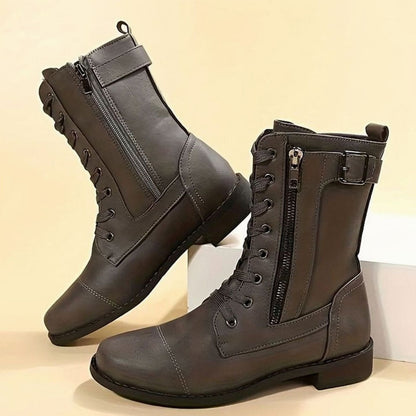 Women's Lace-Up Side-Zip Faux Leather Combat Boots