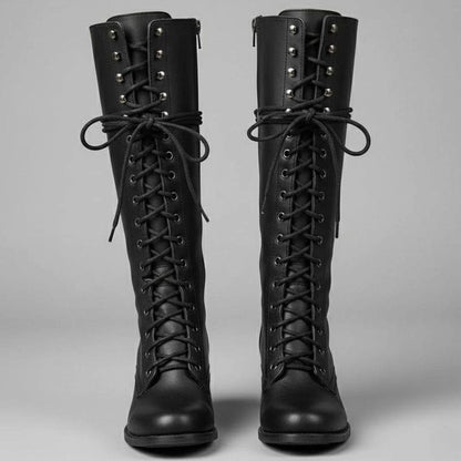 Women's Lace-Up Studded Block Heel Knee-High Boots