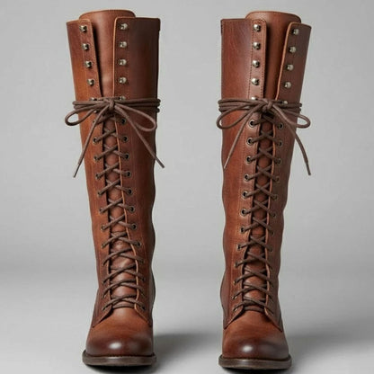 Women's Lace-Up Studded Block Heel Knee-High Boots