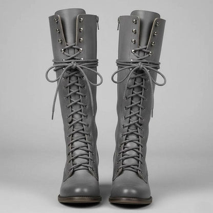 Women's Lace-Up Studded Block Heel Knee-High Boots