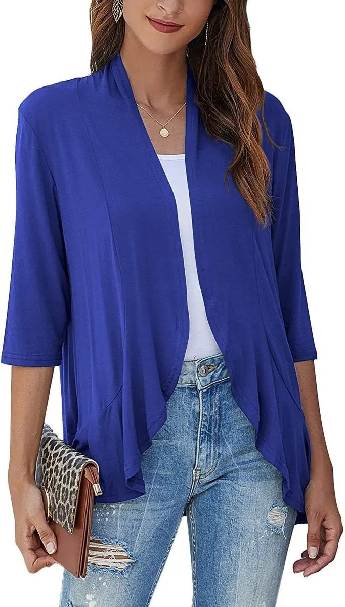 Women's Lightweight 3/4-Sleeve Draped Open-Front Cardigan