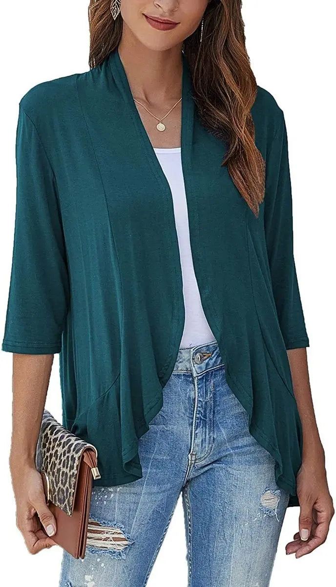 Women's Lightweight 3/4-Sleeve Draped Open-Front Cardigan
