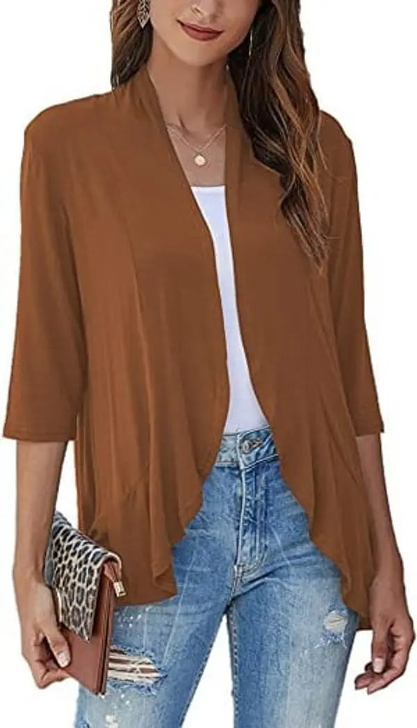 Women's Lightweight 3/4-Sleeve Draped Open-Front Cardigan