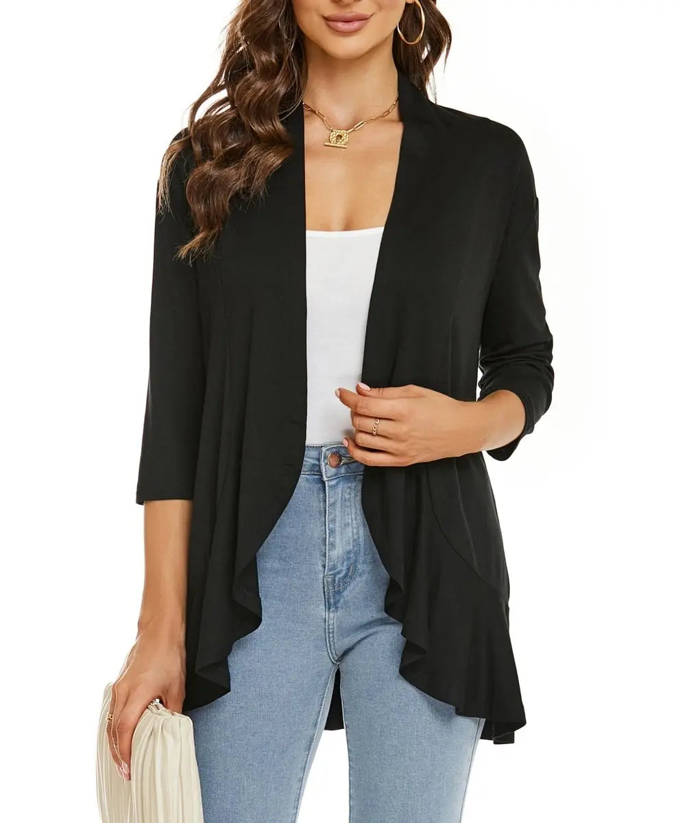 Women's Lightweight 3/4-Sleeve Draped Open-Front Cardigan