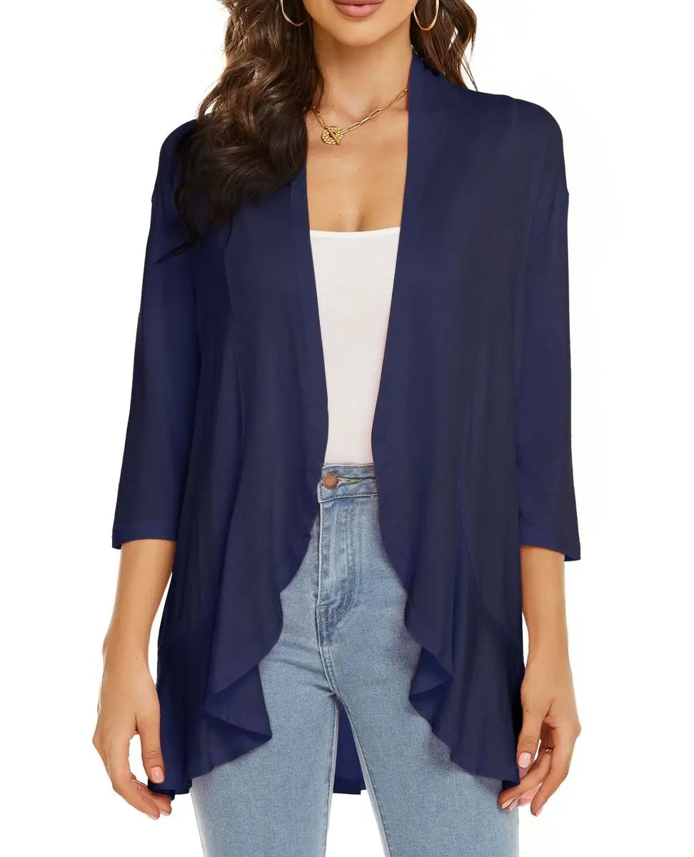Women's Lightweight 3/4-Sleeve Draped Open-Front Cardigan
