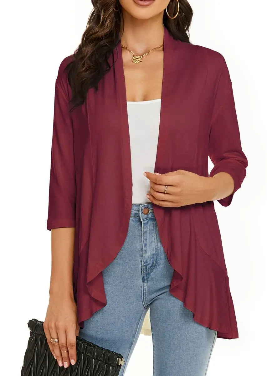 Women's Lightweight 3/4-Sleeve Draped Open-Front Cardigan