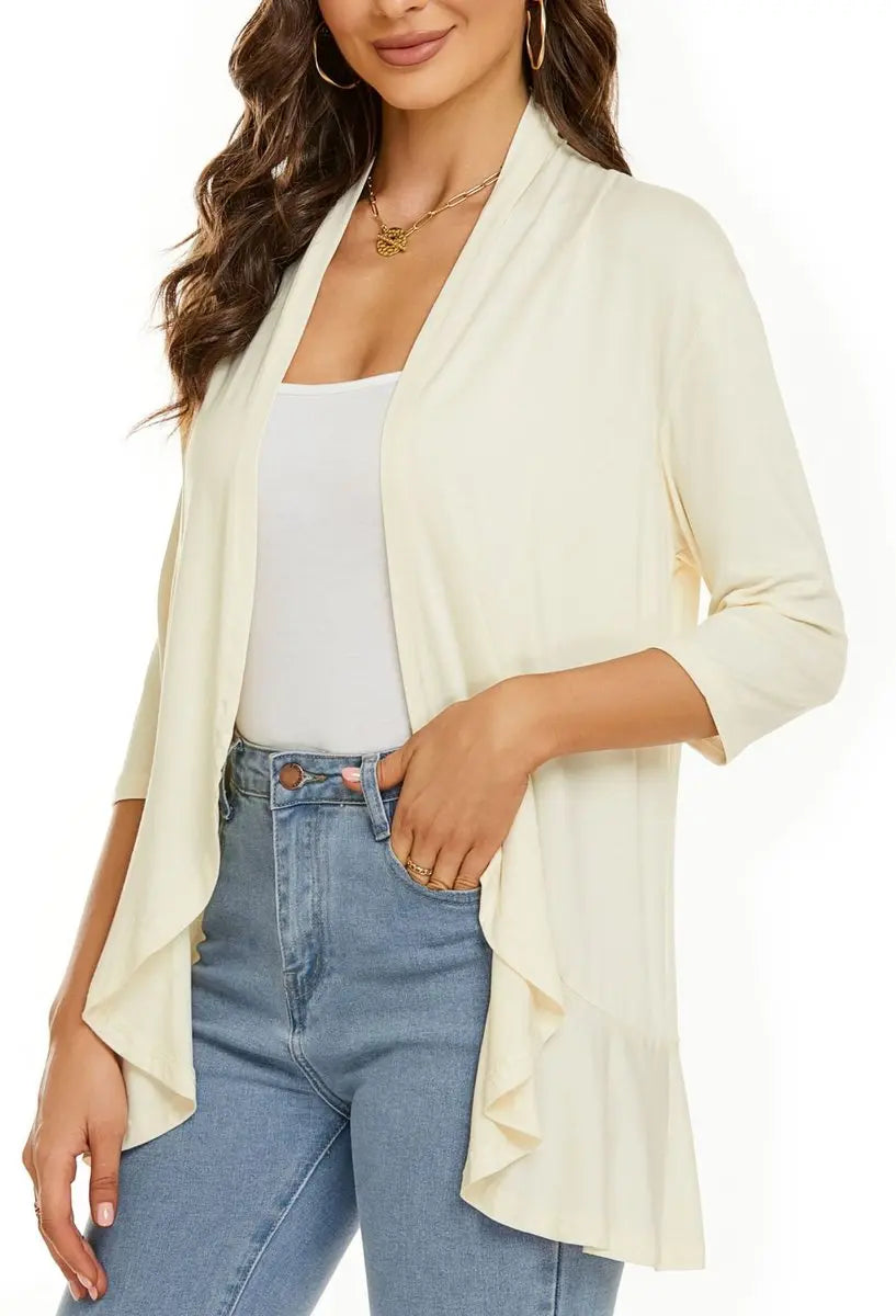 Women's Lightweight 3/4-Sleeve Draped Open-Front Cardigan