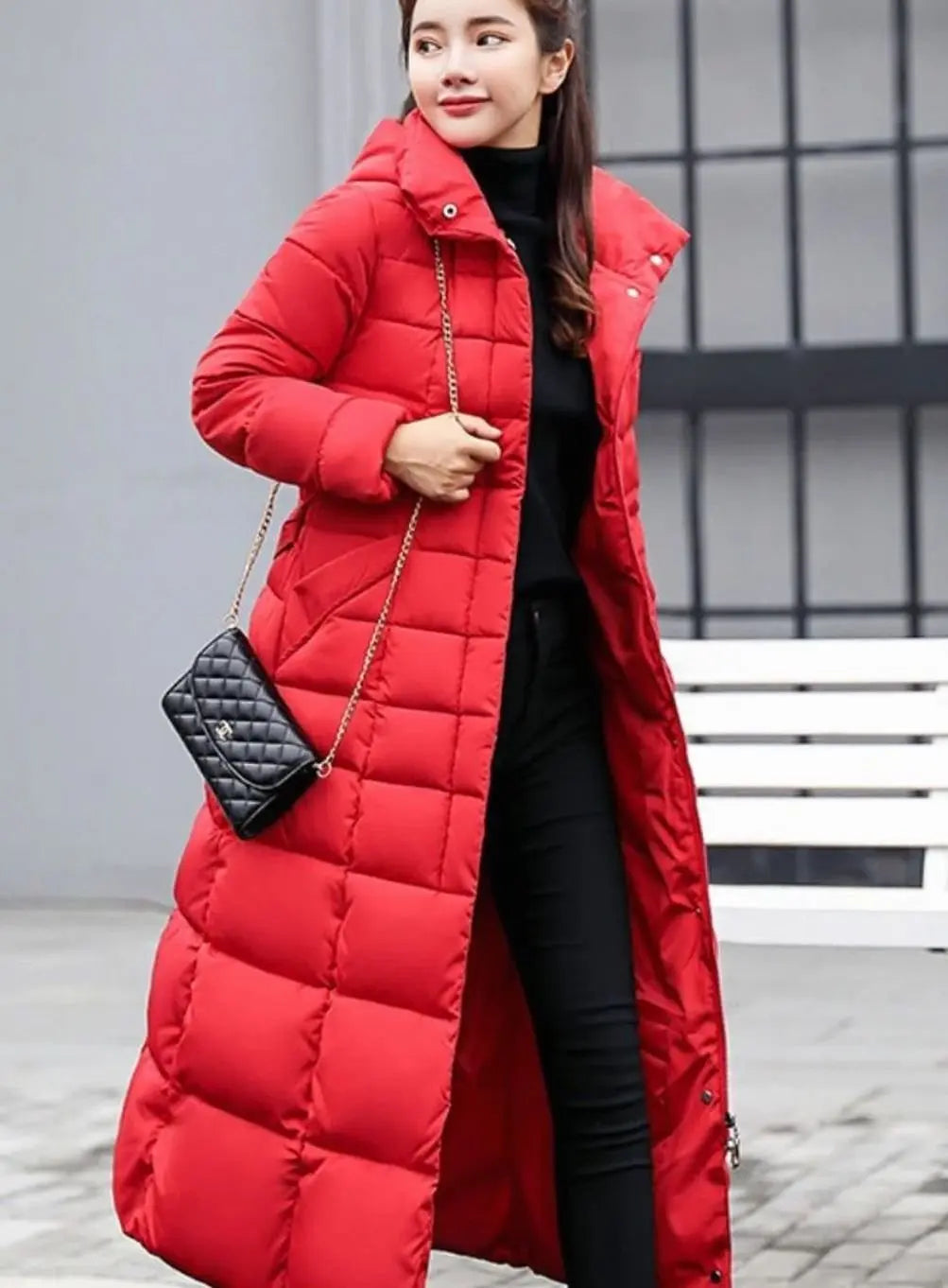 Women's Long Belted Quilted Hooded Puffer Coat with Fur Trim