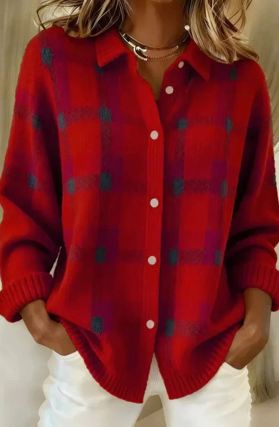 Women's Long Checked Button-Front Cardigan Sweater