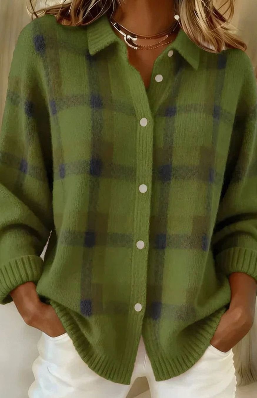 Women's Long Checked Button-Front Cardigan Sweater