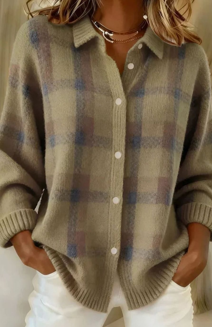 Women's Long Checked Button-Front Cardigan Sweater