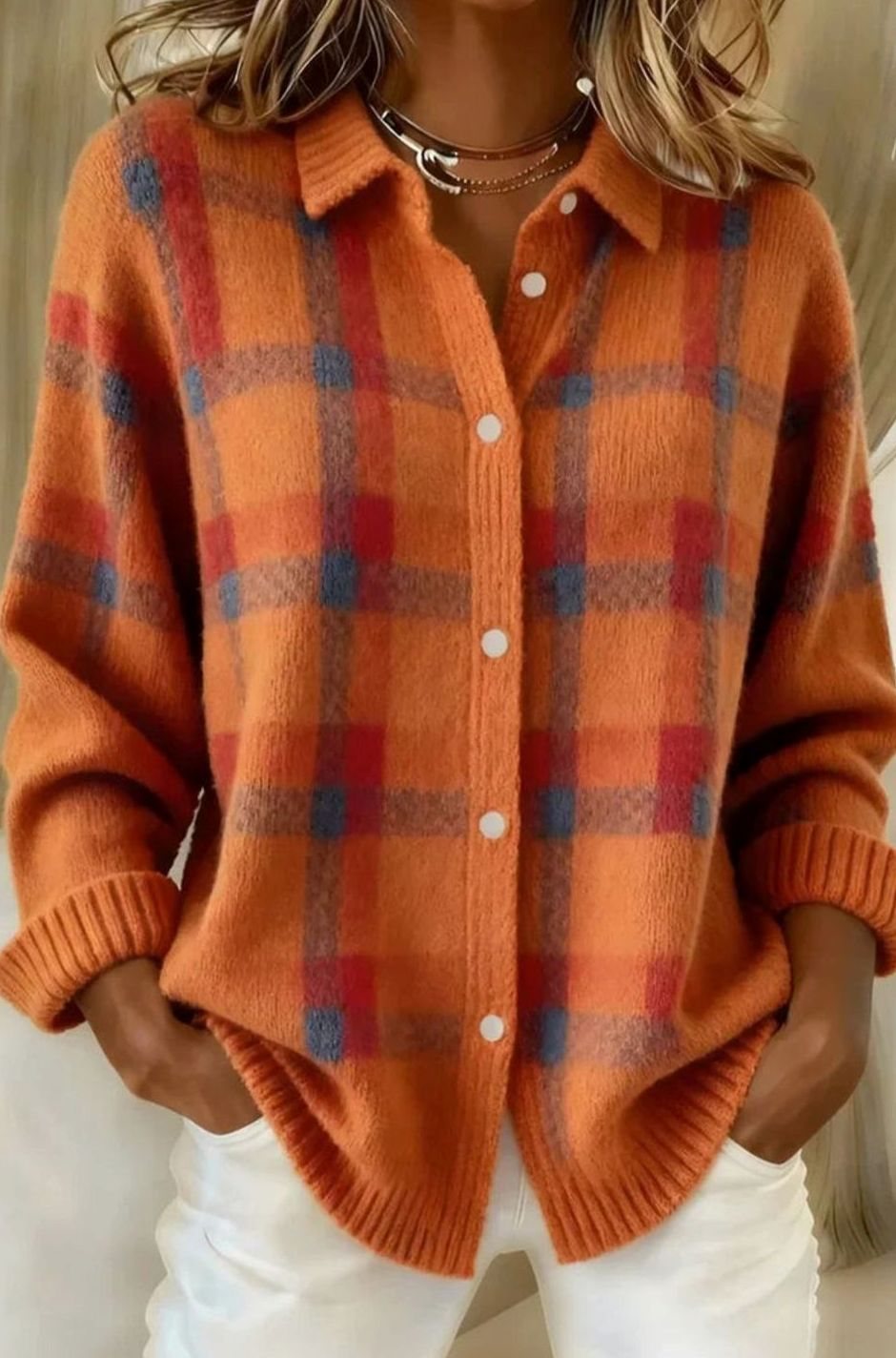 Women's Long Checked Button-Front Cardigan Sweater