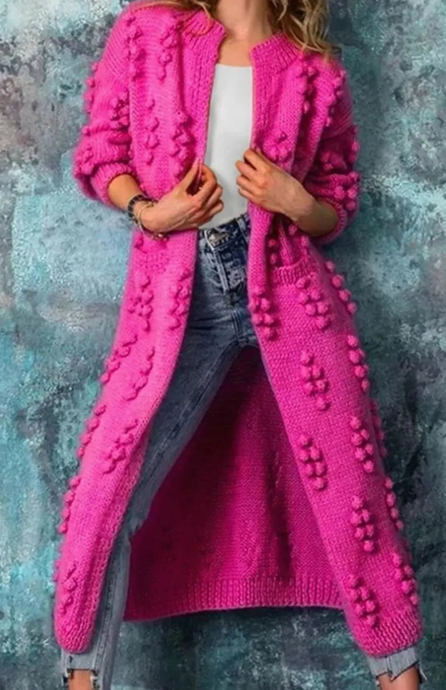 Women's Long Pom-Detail Open-Front Knitted Cardigan