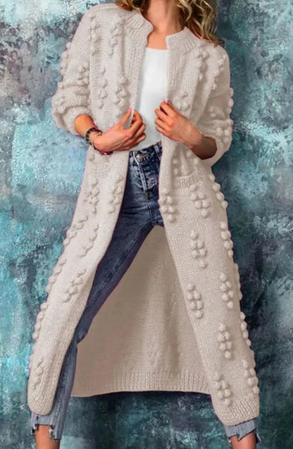 Women's Long Pom-Detail Open-Front Knitted Cardigan