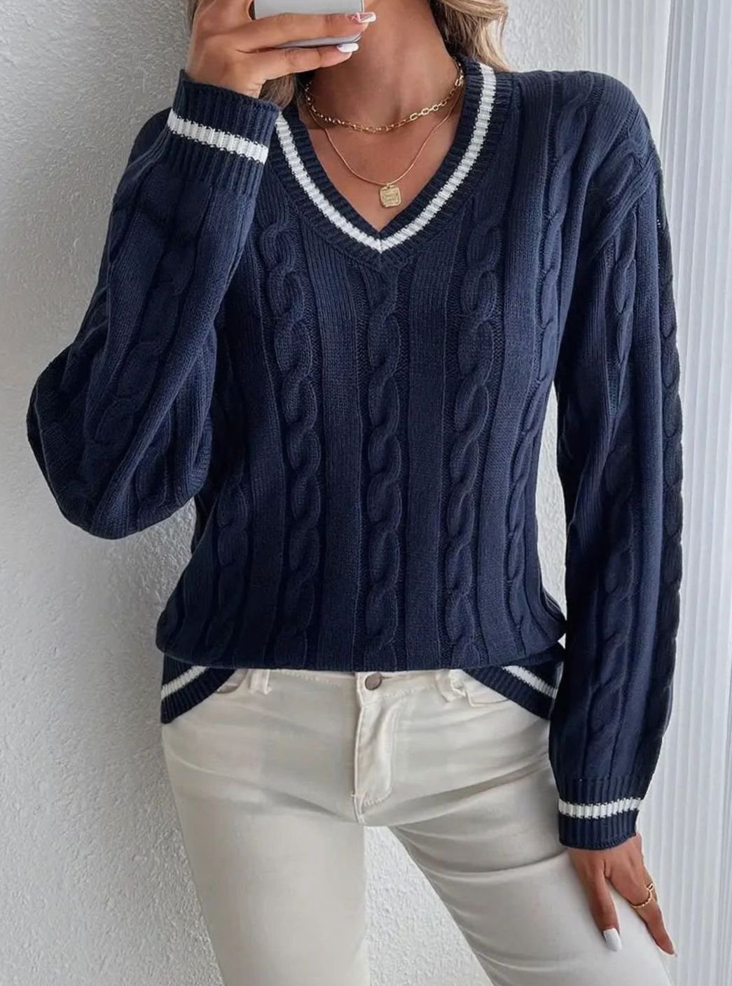 Women's Long Sleeve Cable Knit V-Neck Sweater with Striped Trim