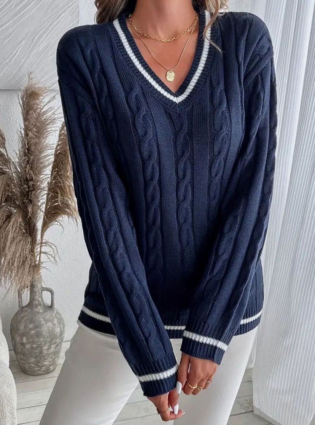 Women's Long Sleeve Cable Knit V-Neck Sweater with Striped Trim