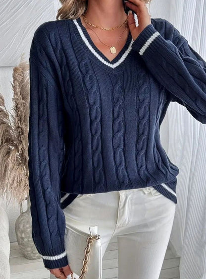 Women's Long Sleeve Cable Knit V-Neck Sweater with Striped Trim