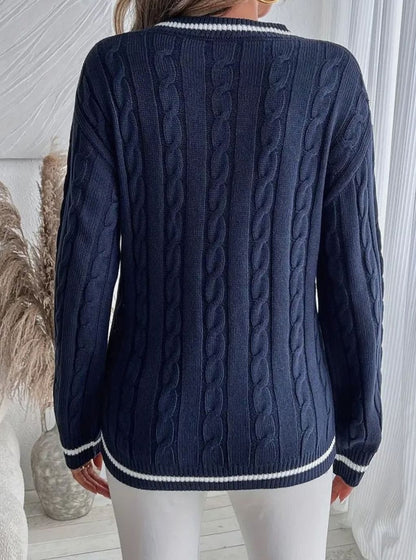 Women's Long Sleeve Cable Knit V-Neck Sweater with Striped Trim