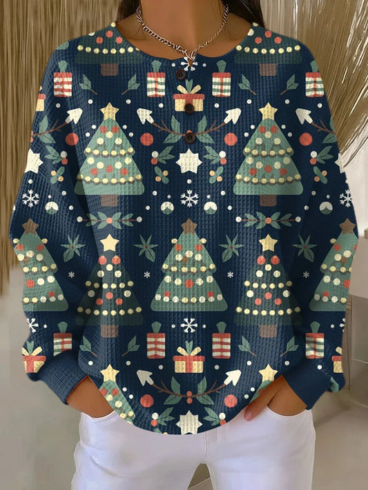 Women's Long Sleeve Waffle Knit Christmas Sweater with Button Neck