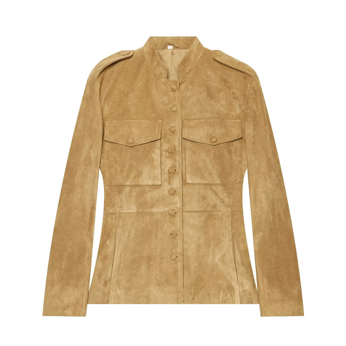 Women's Military-Style Suede Jacket with Stand-Up Collar