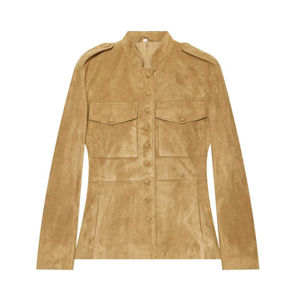 Women's Military-Style Suede Jacket with Stand-Up Collar