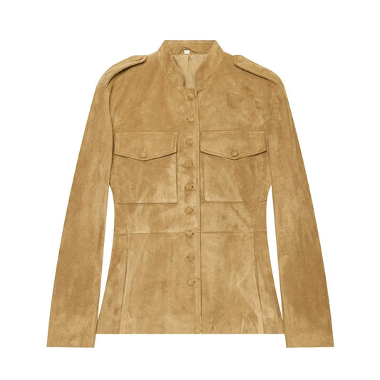Women's Military-Style Suede Jacket with Stand-Up Collar