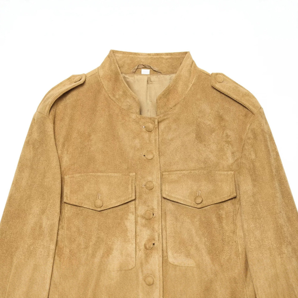 Women's Military-Style Suede Jacket with Stand-Up Collar