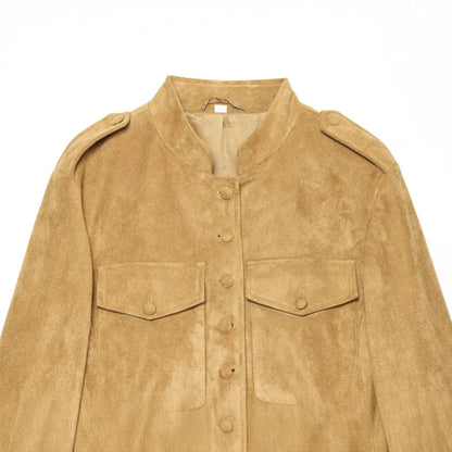 Women's Military-Style Suede Jacket with Stand-Up Collar