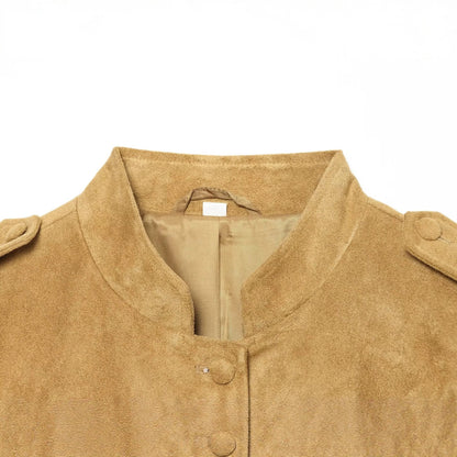 Women's Military-Style Suede Jacket with Stand-Up Collar