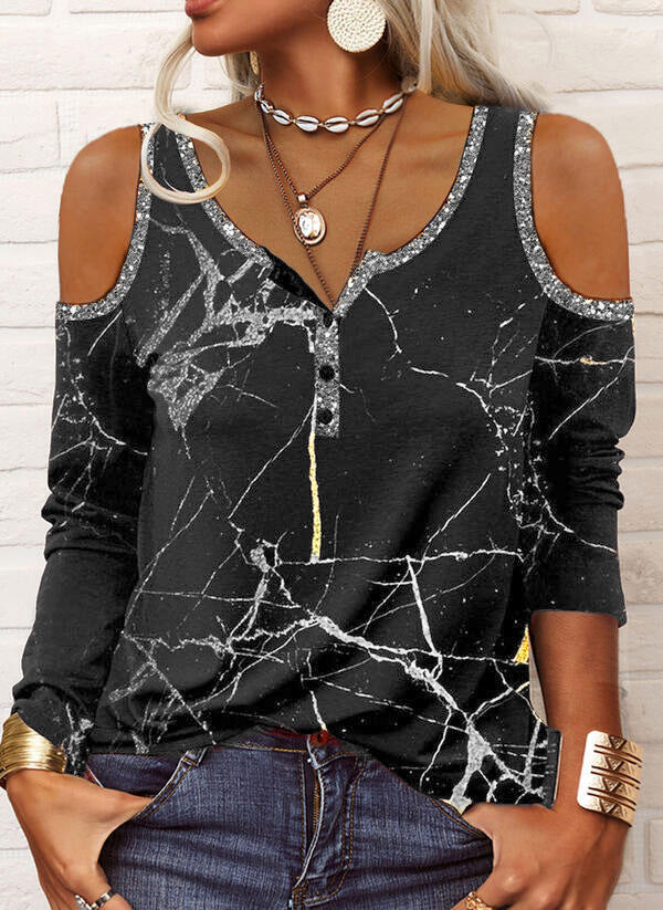 Women's Off-Shoulder Long Sleeve Marble Print Henley Top with Sequin Trim